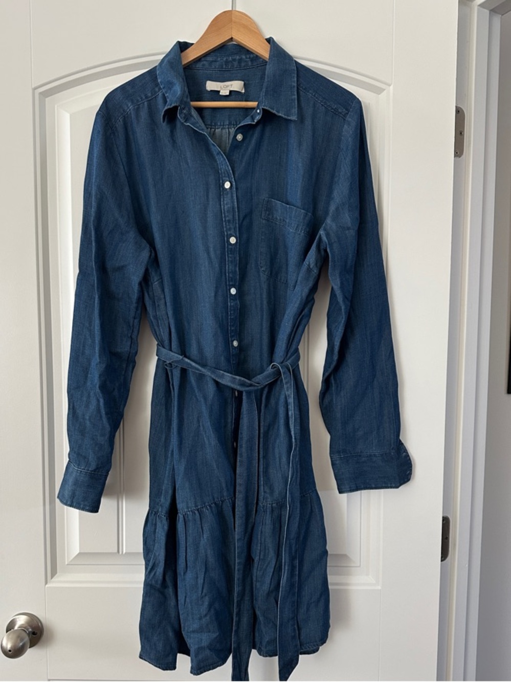 LOFT Dark Blue Long-Sleeve Button-Front Shirt Dress with Tie Belt